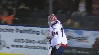 Goaltender Stuart Skinner scores a goal for the Lethbridge Hurricanes WHL