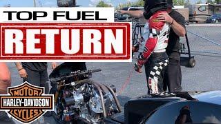 DOES HE STILL HAVE IT? TOP FUEL NITRO HARLEY RACER FIRST RUNS BACK AFTER 20 YEAR DRAG RACING HIATUS!