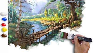 Acrylic Painting Nature Scenes | Wooden Bridge in the River | Time-lapse | JMLisondra