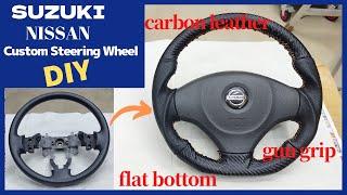How to make a custom steering wheel DIY.carbon leather,flat bottom. japanese Kei cars, SUZUKI,NISSAN