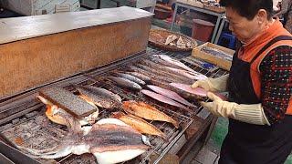 عملية مذهلة للأسماك المشوية على الفحم من قبل الحرفيين الأسماك المشوية | طعام الشارع الكوري