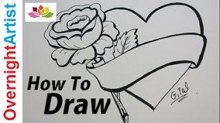 Beautiful Easy Drawing For Real Beginners- How To Draw Heart rose & banner