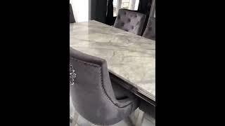 Louis 1.8m Italian marble dining table with 6 Cheshire dark grey velvet lion knocker chairs