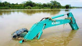 Excavator Accident Sink Underwater Heavy Recovery Kobelco SK200 Extended