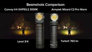 Convoy H4 XHP50.2 3000K vs Armytek Wizard C2 Pro Warm 4000K - Beamshots Comparison