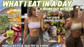 WHAT I EAT IN A DAY | high protein, simple healthy meals, no counting calories, 80/20 rule, mom life