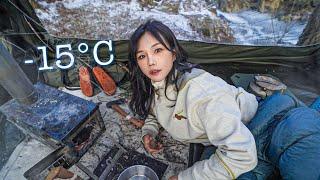 A night spent alone next to a frozen valley at -15℃️ / kimchi & Makgeolli / solo camping