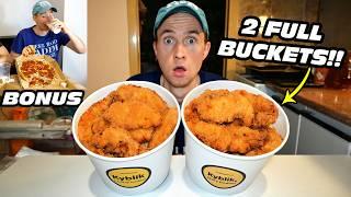 EATING TWO BUCKETS OF CHICKEN STRIPS AND FRIES CHALLENGE | Spicy Pizza Eating Contest (Bonus)