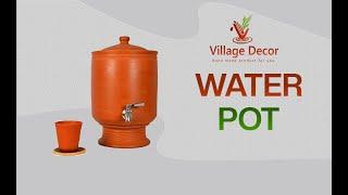 Village Decor Hand Made Earthen Clay Water Pot With Lid ( 304 Stainless Steel Tap) (Pot With Stand)