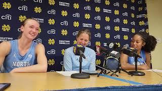 UNC's Lexi Donarski, Courtney Banghart and Indya Nivar after the Heels' big win at Notre Dame