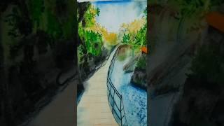 Mountain Landscape with Bridge | Oil Pastel Art #shorts #arttutorial #mountaindrawing