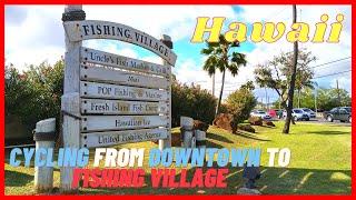 Cycling in the city from Downtown to Fishing Village Honolulu Oahu Hawaii USA VLOG POV bike riding