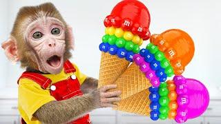 DoKi Monkey challenge with Rainbow M&M Candy Ice Cream Cone and ASMR Food sweet Candy | DoKi Monkey