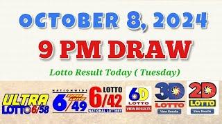 Lotto Result Today 9pm draw October 8, 2024 6/58 6/49 6/42 6D Swertres Ez2 PCSO