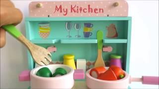 Wooden toy kitchen cooking velcro cutting vegetables baking chocolate strawberry wood toy cake