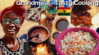 Grandmother makes & sells delicious food in Ghana || Popular Waakye, Stew & Shito for party.