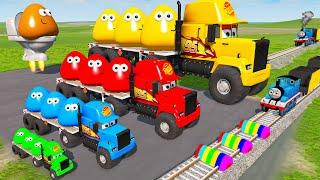 Big & Small Long Mack Truck with POU vs Train Thomas - Flatbed Trailer Truck Rescue Bus - BeamNG