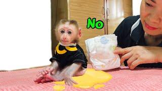 baby monkey Tina pooped! angry with mom and doesn't want her to change diapers