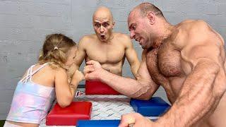 Super Strong 5 Year Old Girl Challenges Bodybuilders to Arm Wrestle!