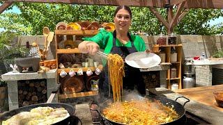 ESPAGUETI ESTILO CHOW MEIN Y ROLLITOS DE REPOLLO CON CAMARONES!