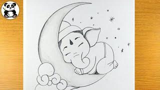 Cute Ganesha sleeping on moon | ganpati bappa drawing