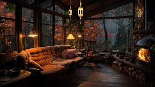 Look outside the autumn forest while it's raining- Cozy wood cabin ambience   Relaxing Rain Sound
