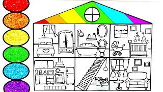 How to draw a Rainbow House- Kitchen Nursery Bathroom and others- Glitter Art