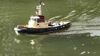 Two RC tugs having a run on the pond