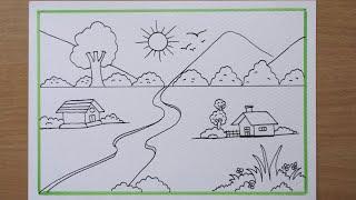 riverside village scenery drawing || easy scenery drawing || landscape drawing