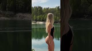 Filippa Fransson super #beautiful #blonde in a #black #swimsuit #by #the #lake #athletic #figure