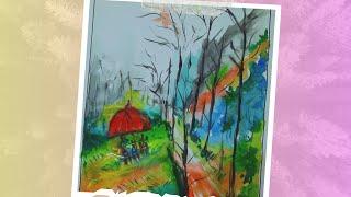 Serene Mountain Village Watercolor Scenery drawing | A Step-by-Step Guide