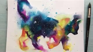 How to paint a watercolour galaxy cat, wet on wet technique speed painting + voiceover