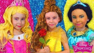 Disney Princesses Costumes & Kids Makeup with Colors Paints Pretend Play with Real Princess Dresses