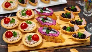 Crusty cranberry boats, delicious salad in cups and garlic baguette snacks