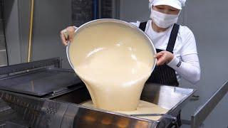 빵공장의 압도적인 빵 대량생산! 쫀득쫀득 경주 찰보리빵 It's amazing! Pancake mass production process - Korean street food