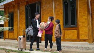 Beautiful love when husband comes back from work far away, Beautiful wooden house on the mountain