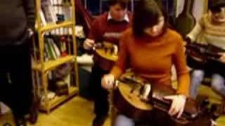 Playing on the tekerő(hungarian hurdy-gurdy)