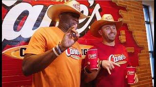 Football Pros Baker Mayfield and Vince Young go head-to-head in the Raising Cane's Drive Thru