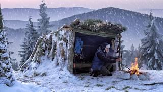 SOLO NIGHT in Cozy Bushcraft Shelter amid Heavy Snowfall