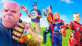 Nerf Battle: Avengers Hero Kidz vs Thanos Pretend Play