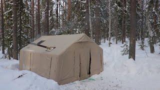 WINTER CAMPING IN DEEP SNOW.  COZY HOT TENT IN THE WOODS. ASMR