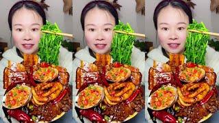 Susu Yummy Spicy Food Mukbang  Eat Braised Pork Ribs With Spicy Seafood And Green Vegetables #asmr