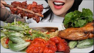 BBQ CHICKEN SPICY PAPAYA SALAD (BEST COMBO) ASMR EATING SOUNDS LIGHT WHISPERS | SAS-SMR