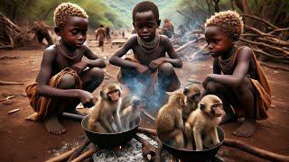 HADZABE  TRIBE HUNTING AND EATING MONKEYS WITH HADZA TRIBE OF