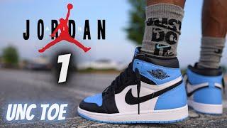 JORDAN 1 UNC TOE DETAILED REVIEW & ON FEET W/ LACE SWAPS!! SIZING TIPS & STYLING IDEA!!