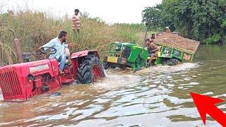 john deere tractor stuck in river with heavy loaded trolley rescued by mahindra tractor | tractor
