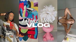 living alone vlog  | i got more home decor, relaxed hair routine, cleaning, etc