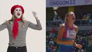 Anna Hall explains the heptathlon with a mime