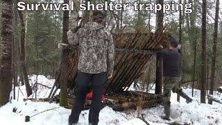 Building a SURVIVAL Bushcraft Overnight SHELTER | Catch and Cook trapped BEAVER!