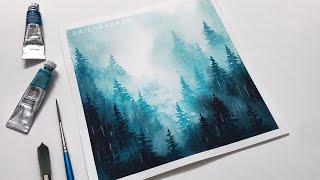 How to Paint Rainy Misty Forest | Easy Forest Water Coloring Painting Tutorial For Beginners
